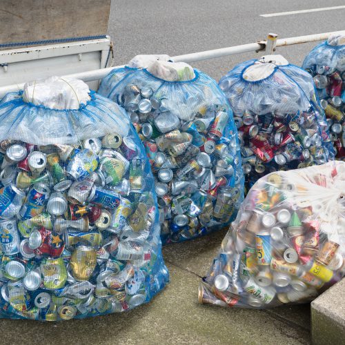 Empty cans of drinks collected for recycling. Taken in July 2022 in Adachi-ku, Tokyo.